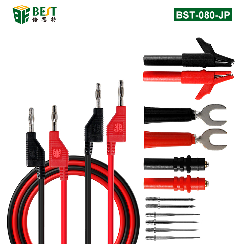 BST-080-JP 組裝式疊插香蕉插頭測試線14PCS 多功能組合測試線套裝 香蕉插轉U型插片/鱷魚夾/萬用表棒/表筆線細尖探針 2000V20A大電流
